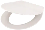 Vitt toalettsits i plast med lock, modern något fyrkantig design. Slät yta, standardstorlek, passar de flesta toaletter. Gångjärn för enkel öppning och stängning.
