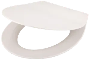 Vitt toalettsits i plast med lock, modern något fyrkantig design. Slät yta, standardstorlek, passar de flesta toaletter. Gångjärn för enkel öppning och stängning.