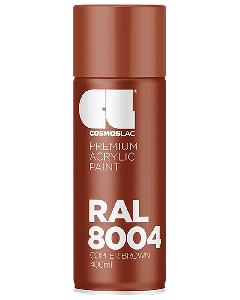 400 ml spraydåse med Cosmoslac premium akrylmaling, RAL 8004 kobberbrun. Cylindrisk beholder med brun låg og hvid tekst med produktinformation.