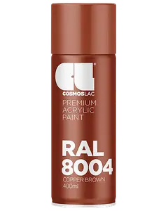 400 ml spraydåse med Cosmoslac premium akrylmaling, RAL 8004 kobberbrun. Cylindrisk beholder med brun låg og hvid tekst med produktinformation.