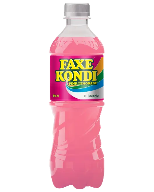 Plastflaske med Faxe Kondi Pink Lemonade, 50 cl, lyserød drik og farverig etiket. Sukkerfri, nul kalorier, skruelåg. Forfriskende sodavand.