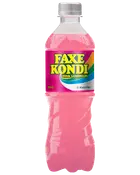 Plastflaske med Faxe Kondi Pink Lemonade, 50 cl, lyserød drik og farverig etiket. Sukkerfri, nul kalorier, skruelåg. Forfriskende sodavand.