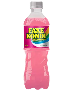 Plastflaske med Faxe Kondi Pink Lemonade, 50 cl, lyserød drik og farverig etiket. Sukkerfri, nul kalorier, skruelåg. Forfriskende sodavand.