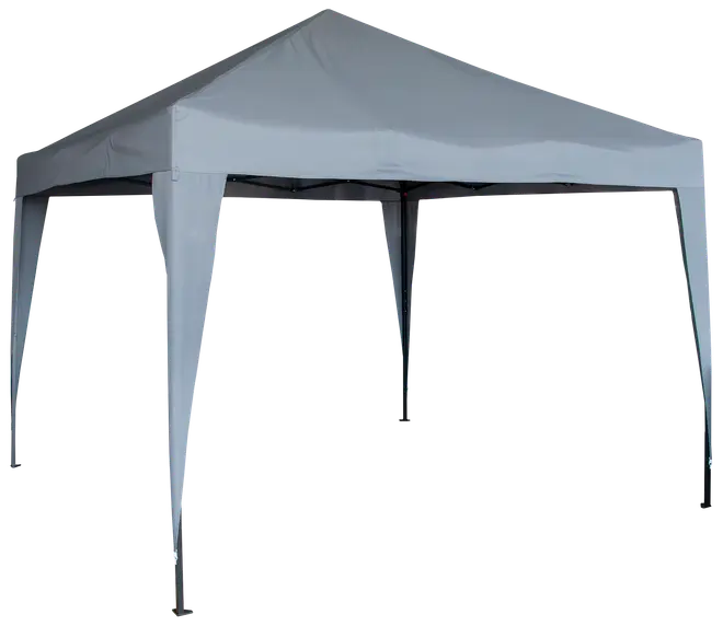 Vit pop-up partytält med fyra raka ben och spetsigt tak, lämplig för utomhusevenemang. Tillverkad av väderbeständigt tyg och stabil metallram.