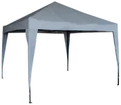 Vit pop-up partytält med fyra raka ben och spetsigt tak, lämplig för utomhusevenemang. Tillverkad av väderbeständigt tyg och stabil metallram.