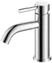 Moderne krom badeværelsesarmatur med cylindrisk base, buet tud og enkelt greb. Elegant, minimalistisk design, der passer til moderne vaske. Poleret overflade for et rent udseende.