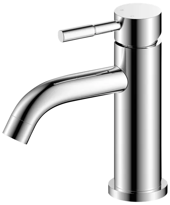 Moderne krom badeværelsesarmatur med cylindrisk base, buet tud og enkelt greb. Elegant, minimalistisk design, der passer til moderne vaske. Poleret overflade for et rent udseende.