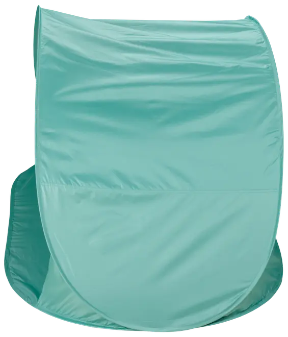 Ljusblått pop-up strandtält med rundad form, tillverkat av lätt tyg. Ger solskydd och enkel montering, passar utomhusbruk. Inga fönster eller dörrar synliga.