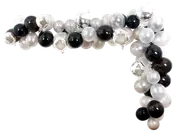 Ballonbue-sæt med sorte, sølv og hvide balloner i forskellige størrelser, inklusive metalliske sølvdetaljer. Perfekt til fester, events eller fotobaggrunde. Nem at samle.