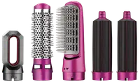 Sæt med fem pink og sorte hårstyling-tilbehør: glattebørste, rund volumengbørste, to krøllehoveder og en fønnæse, kompatible med multistyler-enheder.