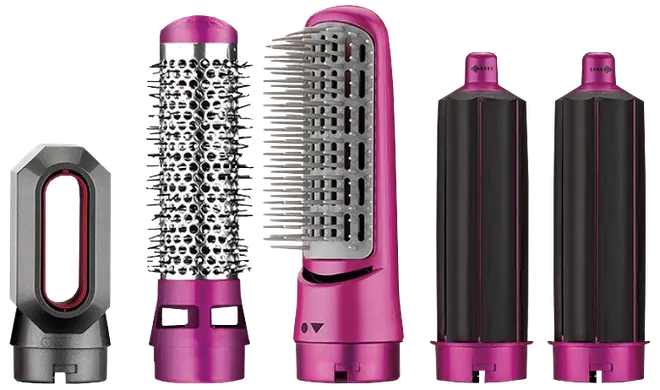 Femdelat set med rosa och svarta hårstylingtillbehör: slätborste, rundborste, två locktillbehör och föntillsats, kompatibla med multistyler-enheter.