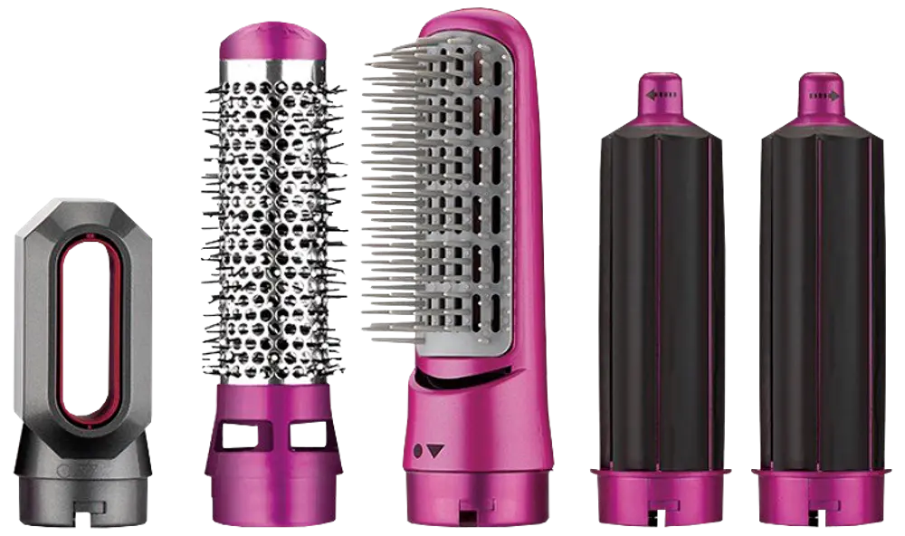 Sæt med fem pink og sorte hårstyling-tilbehør: glattebørste, rund volumengbørste, to krøllehoveder og en fønnæse, kompatible med multistyler-enheder.