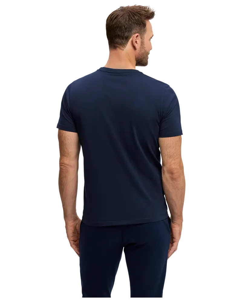 Herr-t-shirt med kort ärm i marinblå färg, klassisk rund hals och normal passform. Visas bakifrån, tillverkad i mjukt, lätt material för vardagsbruk.