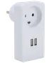 Hvid stikadapter med ét europæisk strømstik og to USB-porte til opladning af elektroniske enheder. Kompakt, rektangulært design, velegnet til hjemmet eller kontoret.