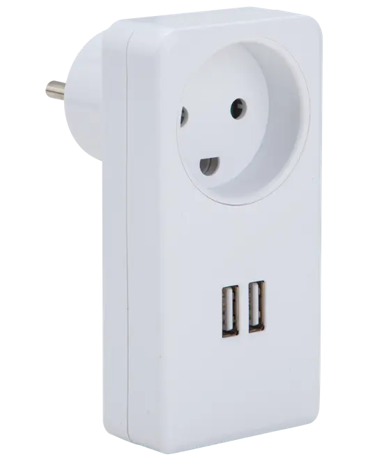 Hvid stikadapter med ét europæisk strømstik og to USB-porte til opladning af elektroniske enheder. Kompakt, rektangulært design, velegnet til hjemmet eller kontoret.