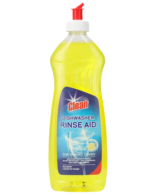 Gul skyllemiddel til opvaskemaskine i flaske med rød hældetud og blå etiket, til skinnende, pletfri opvask.