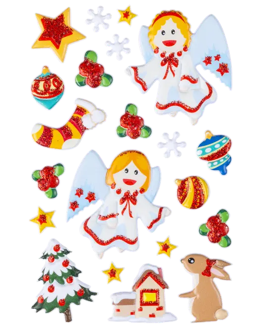Set med färgglada julklistermärken med änglar, stjärnor, kulor, järnek, julstrumpa, gran, hus och kanin, dekorerade med glitter och festliga detaljer.