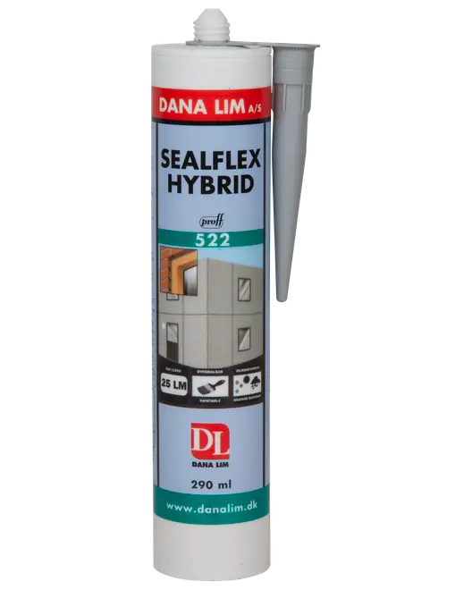 Fugemassepatron, Dana Lim SealFlex Hybrid 522, 290 ml. Hvid tube med dyse, egnet til bygningsfuger, kan overmales, til indendørs og udendørs brug, med produktinformation.