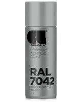 400 ml spraydåse med Cosmoslac premium akrylmaling i RAL 7042 Traffic Grey A. Elegant grå design med sort tekst og sikker hætte.