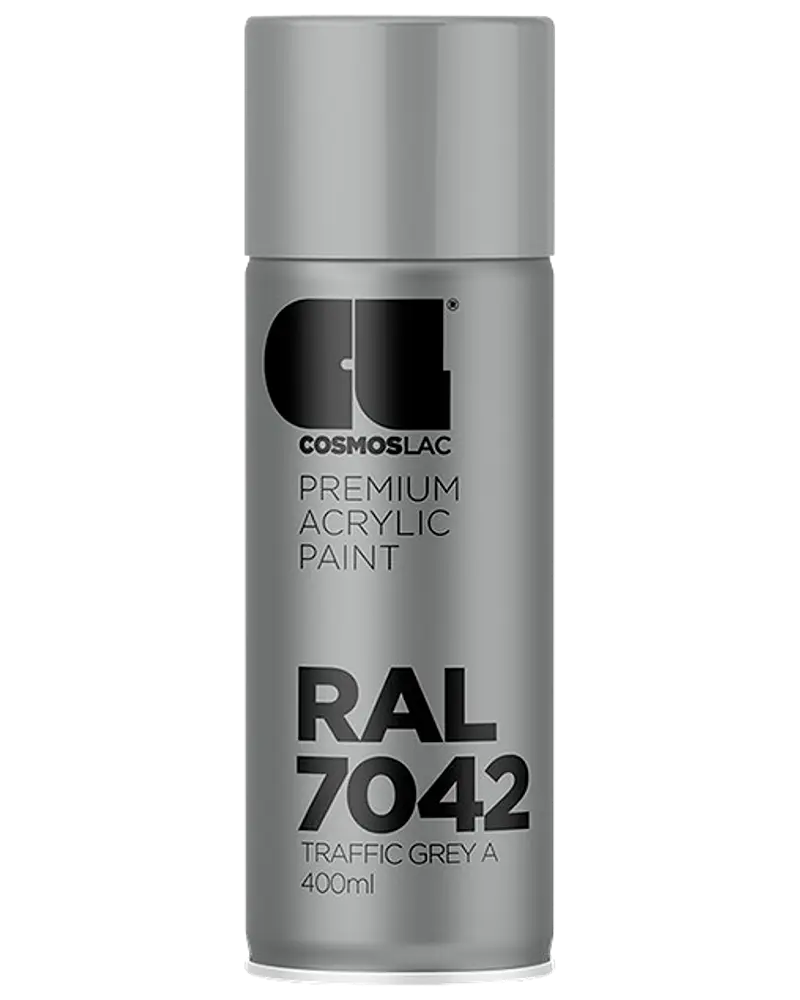 400 ml spraydåse med Cosmoslac premium akrylmaling i RAL 7042 Traffic Grey A. Elegant grå design med sort tekst og sikker hætte.
