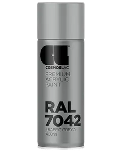 400 ml spraydåse med Cosmoslac premium akrylmaling i RAL 7042 Traffic Grey A. Elegant grå design med sort tekst og sikker hætte.