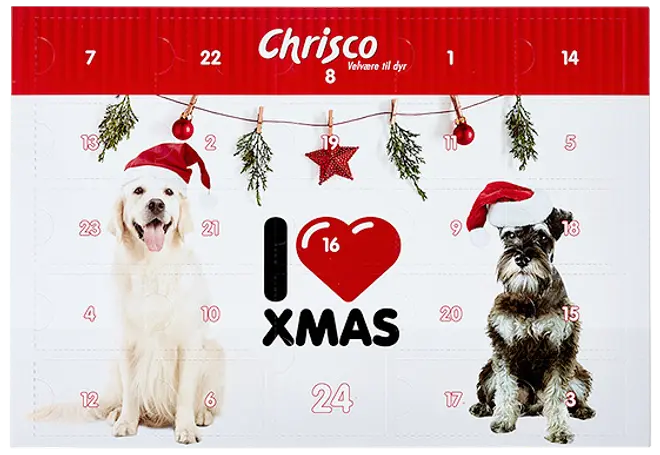 Julekalender til hunde med to hunde iført nissehuer, julepynt og nummererede låger til daglige godbidder. Perfekt til nedtælling til jul, fra Chrisco, festligt design.