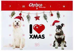 Adventskalender för hundar med två hundar i tomteluva, juldekorationer och numrerade luckor för dagliga godsaker. Från Chrisco, med festlig juldesign.