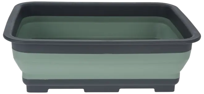 Rektangulär hopfällbar plastbalja i grön och mörkgrå med förstärkt kant och botten. Perfekt för tvätt eller förvaring, lätt och platsbesparande design.