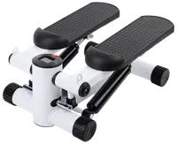 Kompakt ministepper med två halkfria fotplattor, stabil vit och svart ram, hydrauliskt motstånd och liten digital display för träningsdata.