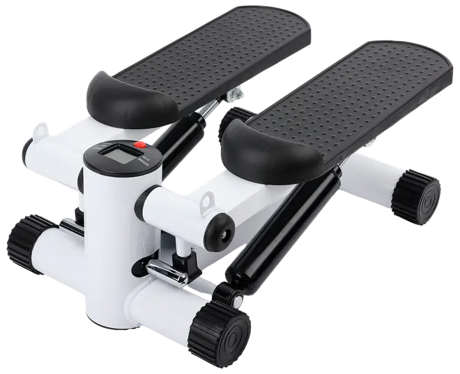 Kompakt mini stepmaskine med to skridsikre fodpedaler, robust hvid og sort ramme, hydraulisk modstand og lille digital skærm til at måle træningsdata.
