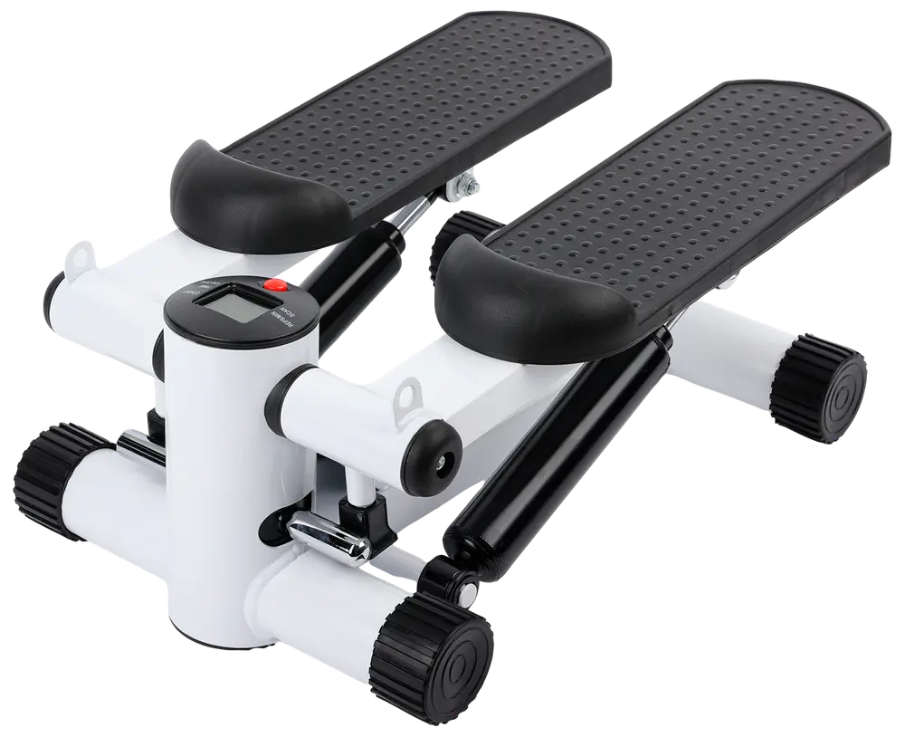 Kompakt ministepper med två halkfria fotplattor, stabil vit och svart ram, hydrauliskt motstånd och liten digital display för träningsdata.