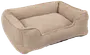 Rektangulær beige kæledyrsseng med hævede sider og blødt, tekstureret stof. Komfortabel støtte til kæledyr. Passer til små og mellemstore hunde eller katte. Aftagelig pude for nem rengøring.