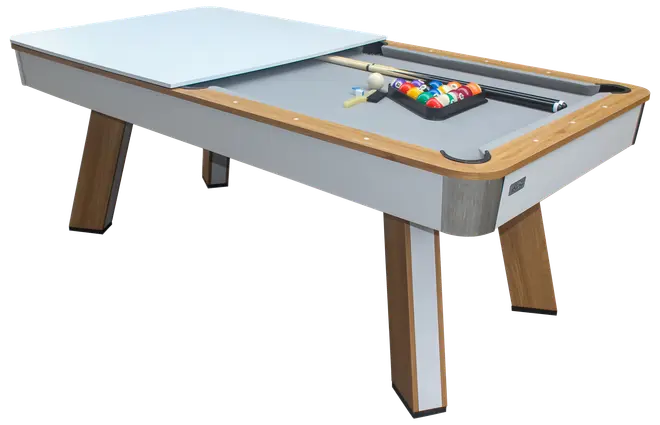 Moderne poolbord med lyse træben, grå spilleflade, aftageligt hvidt låg, inkluderer køer, trekant rack og farverige billiardkugler. Velegnet til hjem eller rekreation.