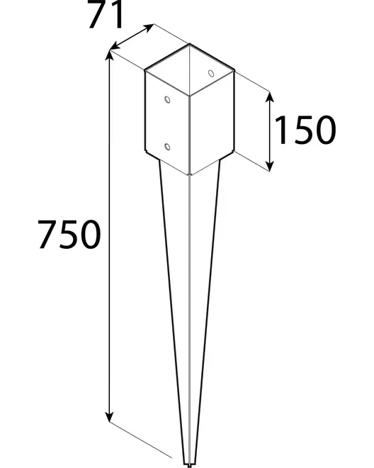 Metal jordspyd med firkantet holder på 71 mm, 150 mm høj og 750 mm lang spids. Forborede huller til fastgørelse af stolper. Velegnet til hegn eller haveprojekter.