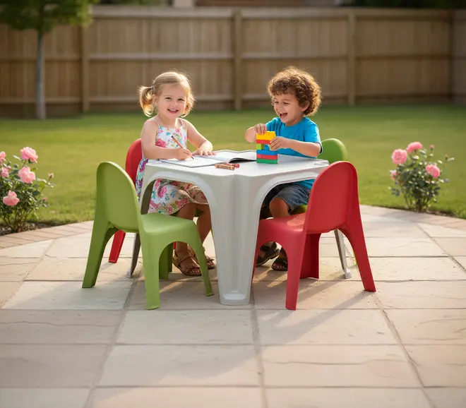 Udendørs børnebordssæt med fire farverige plaststole (rød og grøn), robust firkantet bord, velegnet til kreative aktiviteter. Perfekt til have eller terrasse.