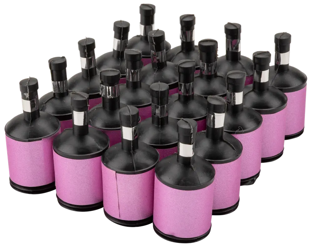 Förpackning med lila partybomber med svarta lock och dragsnöre. Varje popper är cylindrisk, kompakt och enkel att använda för konfetti på fester.