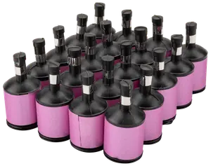 Förpackning med lila partybomber med svarta lock och dragsnöre. Varje popper är cylindrisk, kompakt och enkel att använda för konfetti på fester.