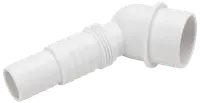 Hvid plast slangevinkel med rillet slangestuds og glat muffe, beregnet til samling af fleksible slanger i 90 graders vinkel. Velegnet til VVS eller vandingssystemer.
