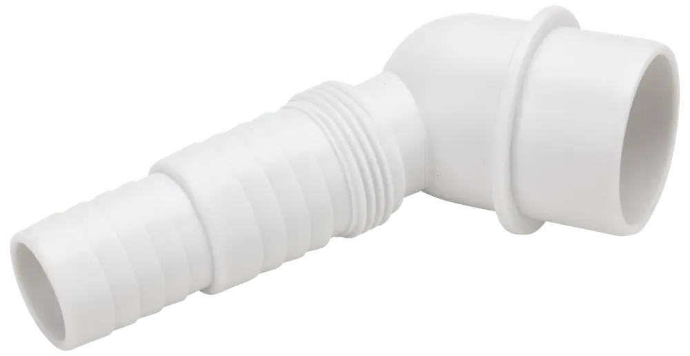 Hvid plast slangevinkel med rillet slangestuds og glat muffe, beregnet til samling af fleksible slanger i 90 graders vinkel. Velegnet til VVS eller vandingssystemer.