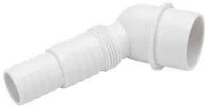 Vit plast slangkoppling med räfflad anslutning och slät muff, för att sammanfoga flexibla slangar i 90 graders vinkel. Passar VVS eller bevattningssystem.