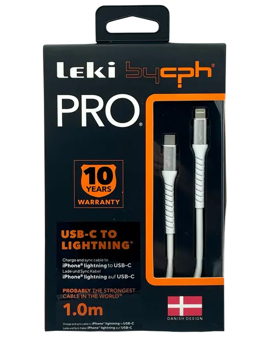 Leki bycph PRO USB-C til Lightning kabel, 1,0 m, hvid, forstærkede stik, 10 års garanti, til iPhone opladning og synkronisering, dansk design, stærk og holdbar.