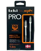 Leki bycph PRO USB-C til Lightning kabel, 1,0 m, hvid, forstærkede stik, 10 års garanti, til iPhone opladning og synkronisering, dansk design, stærk og holdbar.