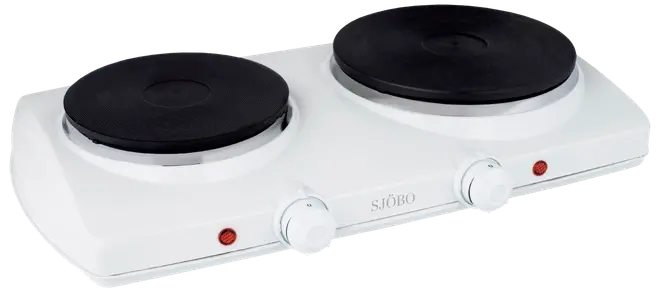 Vit elektrisk dubbel kokplatta med två svarta värmeelement, individuella temperaturvred, indikatorlampor och kompakt design, perfekt för små kök eller portabel matlagning.