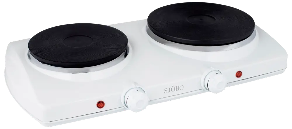 Vit elektrisk dubbel kokplatta med två svarta värmeelement, individuella temperaturvred, indikatorlampor och kompakt design, perfekt för små kök eller portabel matlagning.