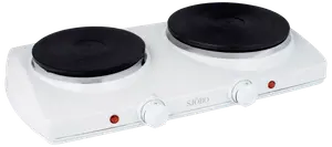 Vit elektrisk dubbel kokplatta med två svarta värmeelement, individuella temperaturvred, indikatorlampor och kompakt design, perfekt för små kök eller portabel matlagning.