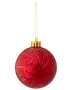 Rødt juletræskugle med skinnende, tekstureret overflade og guldfarvet top. Leveres med guldsnor til ophængning. Klassisk og festlig juledekoration.