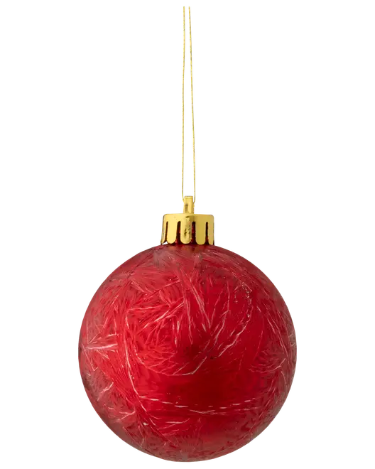Rødt juletræskugle med skinnende, tekstureret overflade og guldfarvet top. Leveres med guldsnor til ophængning. Klassisk og festlig juledekoration.