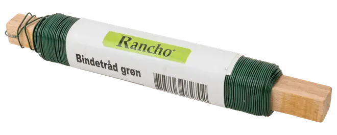 Grøn bindetråd viklet om en træpind, mærket 'Rancho Bindetråd grøn'. Perfekt til havearbejde, planteopbinding og hobbyprojekter. Kompakt og nem at bruge.
