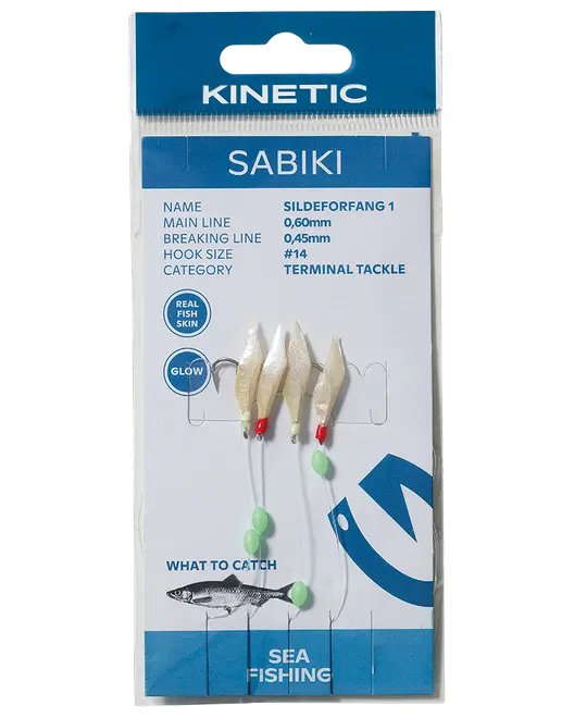 Kinetic Sabiki havfiskeri-takelpakket med fire fiskeskindsagn, selvlysende perler og blå-hvid hængeemballage.