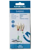 Kinetic Sabiki havfiskeri-takelpakket med fire fiskeskindsagn, selvlysende perler og blå-hvid hængeemballage.